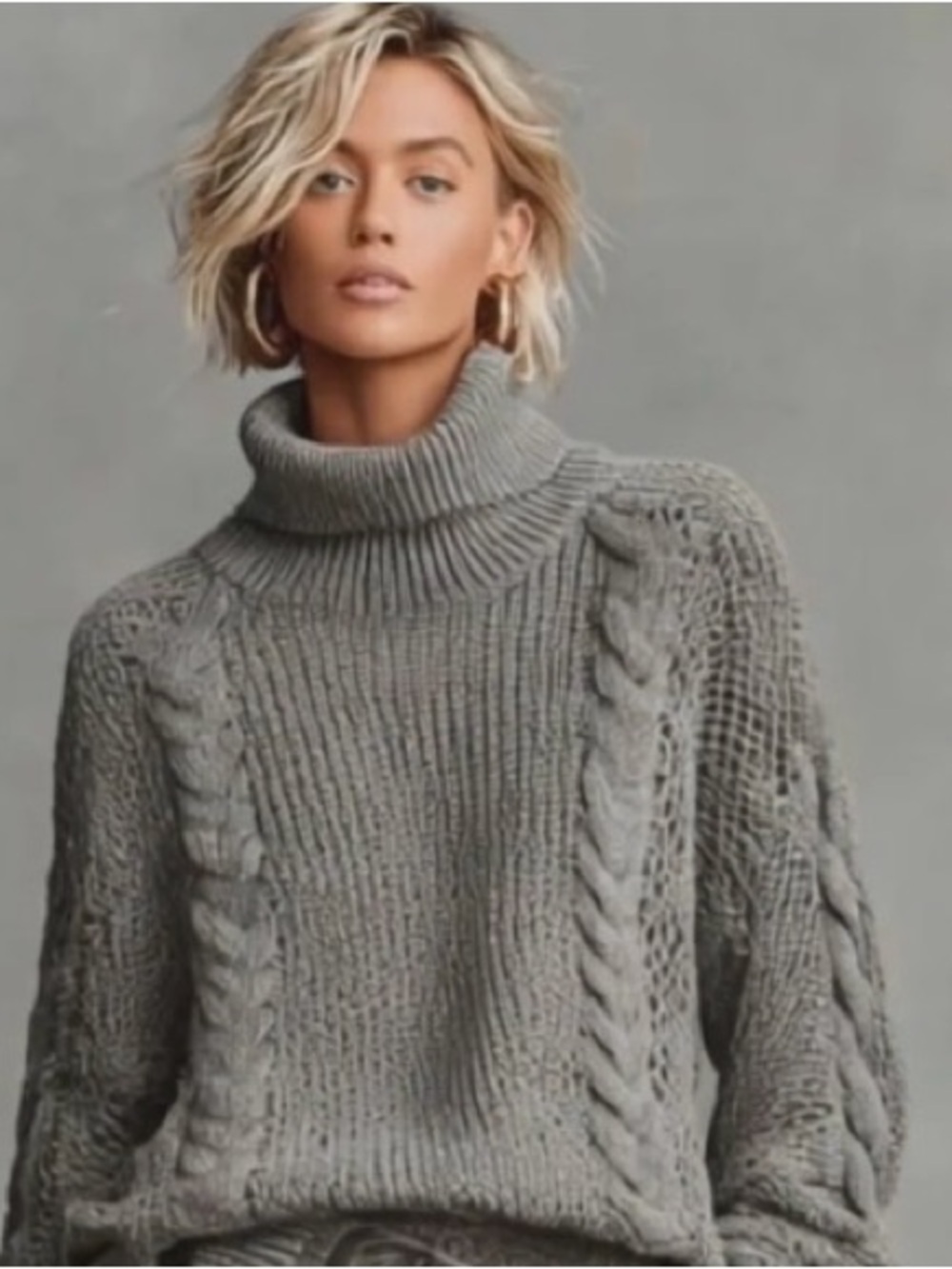 NWT MODESEES Women's Gray Casual Cable Knit Turtleneck Sweater, Size L - Picture 2 of 6